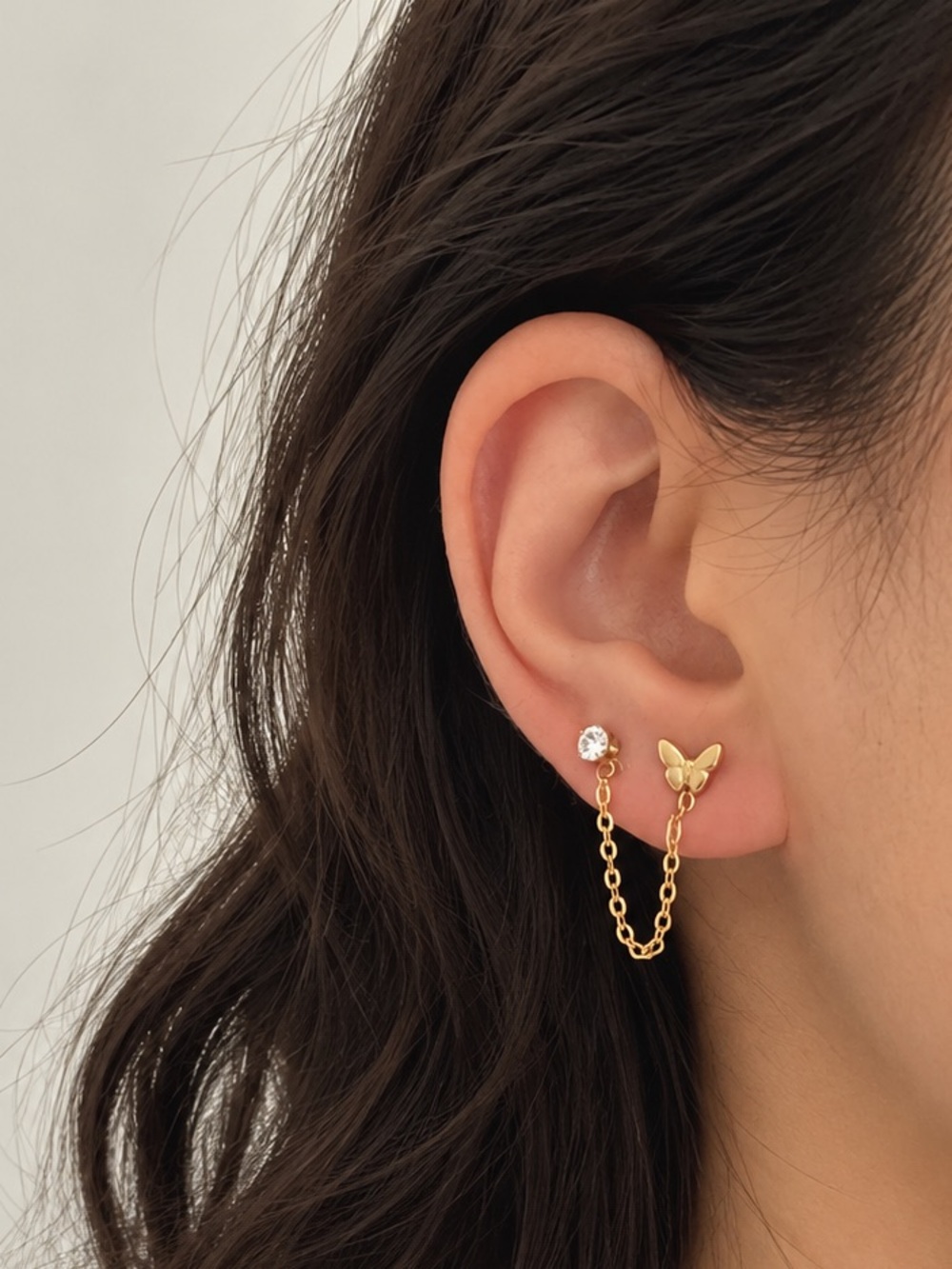 18K Gold Plated Butterfly CZ Double Stud Chain Earrings